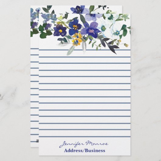 Blauwe en gele waterverf bloemen gepersonaliseerd briefpapier (Voorkant / Achterkant)