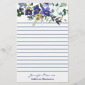 Blauwe en gele waterverf bloemen gepersonaliseerd briefpapier (Voorkant)