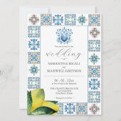 Blauwe en Gele Waterverf Citroen Bruiloft Kaart (Voorkant)