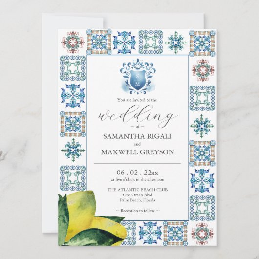 Blauwe en Gele Waterverf Citroen Bruiloft Kaart (Voorkant)