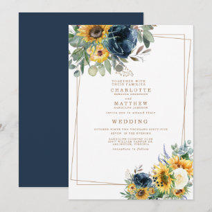 Blauwe en gele Waterverf Floral Wedding II Kaart