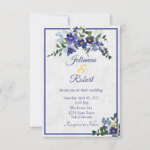 Blauwe en gele waterverf florale bruiloft invitati kaart (Voorkant)