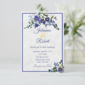 Blauwe en gele waterverf florale bruiloft invitati kaart (Staand voorkant)