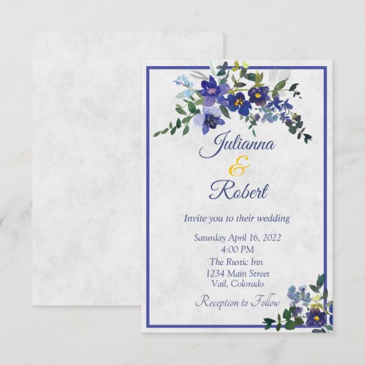 Blauwe en gele waterverf florale bruiloft invitati kaart (Voorkant / Achterkant)