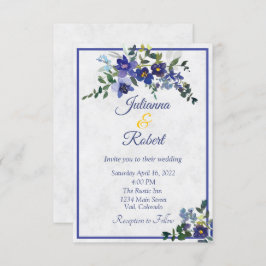 Blauwe en gele waterverf florale bruiloft invitati kaart
