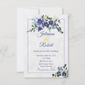 Blauwe en gele waterverf florale bruiloft invitati kaart (Voorkant)