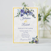 Blauwe en gele waterverf florale bruiloft invitati kaart (Staand voorkant)