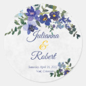 Blauwe en gele waterverf florale bruiloft invitati ronde sticker (Voorkant)
