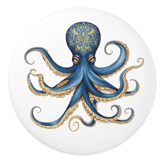 Blauwe en Gele Whimsical Octopus Cabinet Lade Keramische Knop (Voorkant)