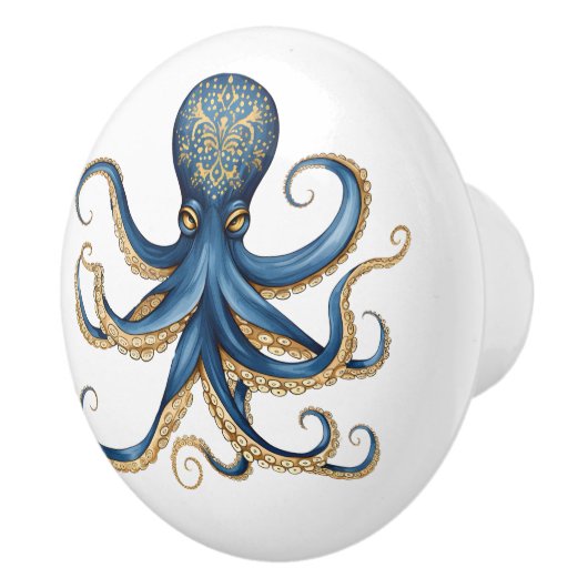 Blauwe en Gele Whimsical Octopus Cabinet Lade Keramische Knop (Rechts)