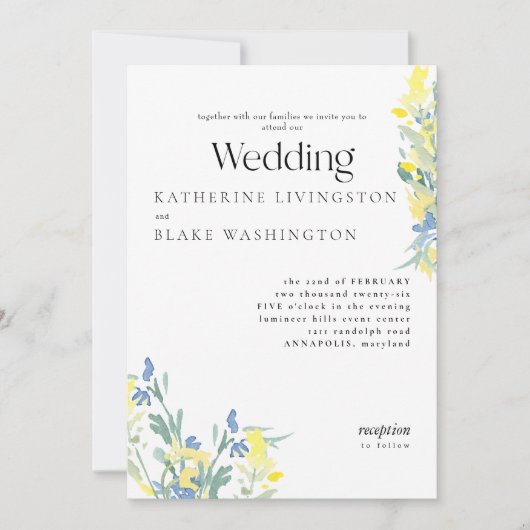 Blauwe en gele wilde bloem kleurrijk huwelijk kaart (Voorkant)