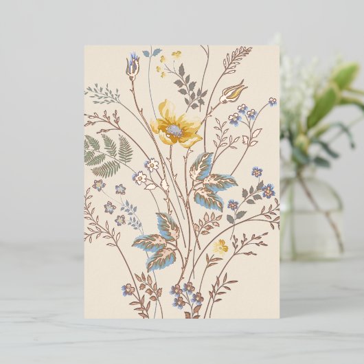 Blauwe en gele wilde bloemen blanco   folie uitnodiging (Staand Voorkant)