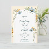 Blauwe en gele wilde bloemen geometrische bruiloft kaart (Staand voorkant)