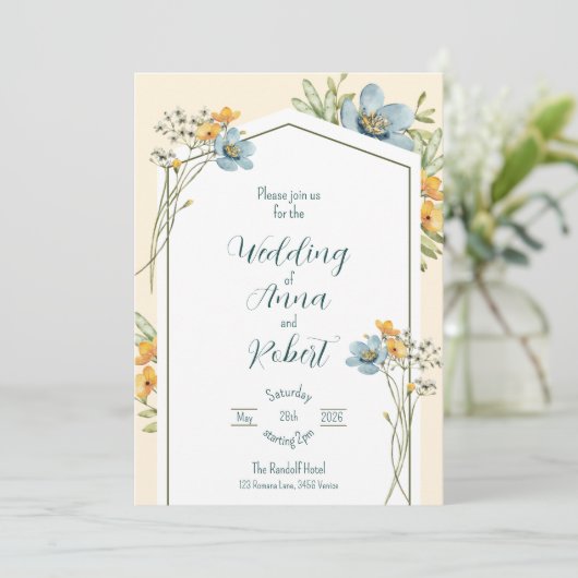 Blauwe en gele wilde bloemen geometrische bruiloft kaart (Staand voorkant)