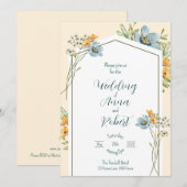 Blauwe en gele wilde bloemen geometrische bruiloft kaart (Voorkant / Achterkant)