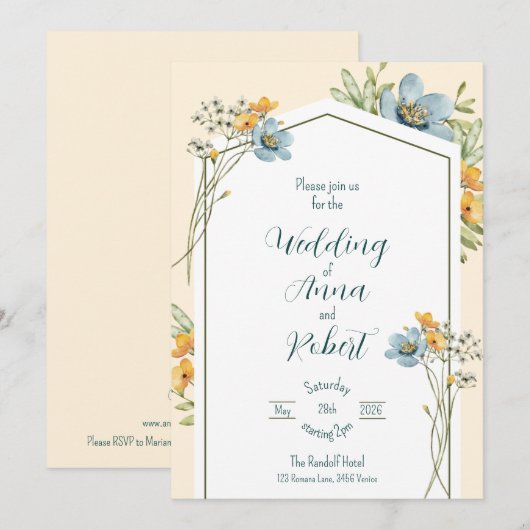 Blauwe en gele wilde bloemen geometrische bruiloft kaart (Voorkant / Achterkant)