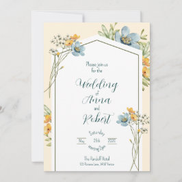 Blauwe en gele wilde bloemen geometrische bruiloft kaart