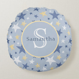Blauwe en gele wintersterren gepersonaliseerd mono rond kussen