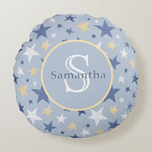 Blauwe en gele wintersterren gepersonaliseerd mono rond kussen (Voorkant)