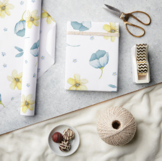 Blauwe en gele zachte waterverf florale baby showe cadeaupapier