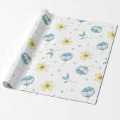 Blauwe en gele zachte waterverf florale baby showe cadeaupapier (Uitgerold)