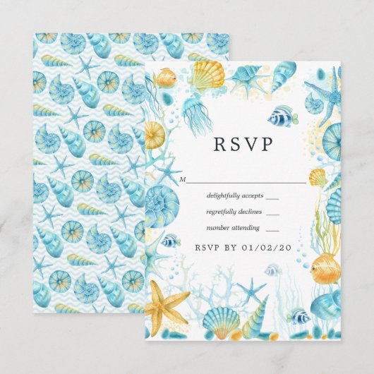 Blauwe en gele Zee RSVP Kaartje (Voorkant / Achterkant)