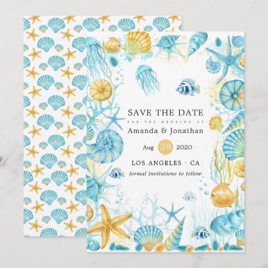 Blauwe en gele Zee Save The Date (Voorkant / Achterkant)