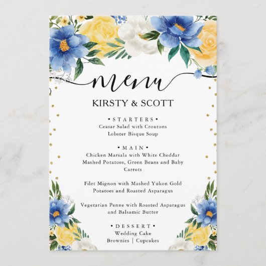 Blauwe en Gele Zomerbloemen Bruiloft Menu (Voorkant)