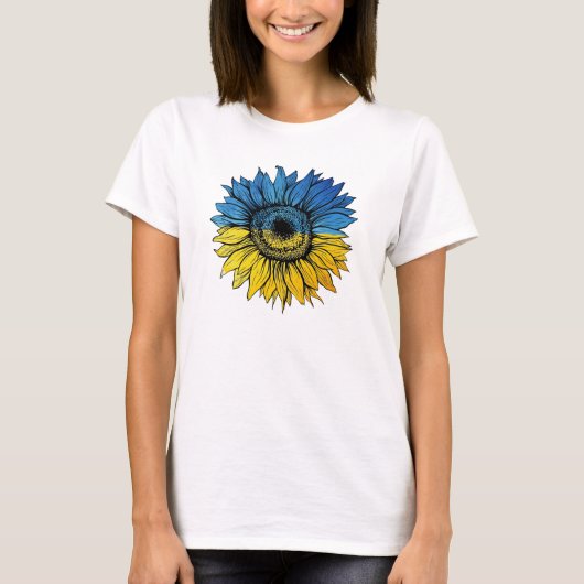 Blauwe en gele zonnebloem in Oekraïense stijl T-shirt (Voorkant)