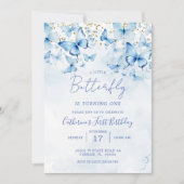 Blauwe en Glitter Vlinders Verjaardagsfeestje Kaart (Voorkant)