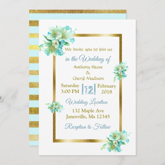 Blauwe en goudbloederige bruiloft kaart (Voorkant / Achterkant)