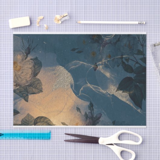 Blauwe en goudbloemen, tissuepapier (Craft)