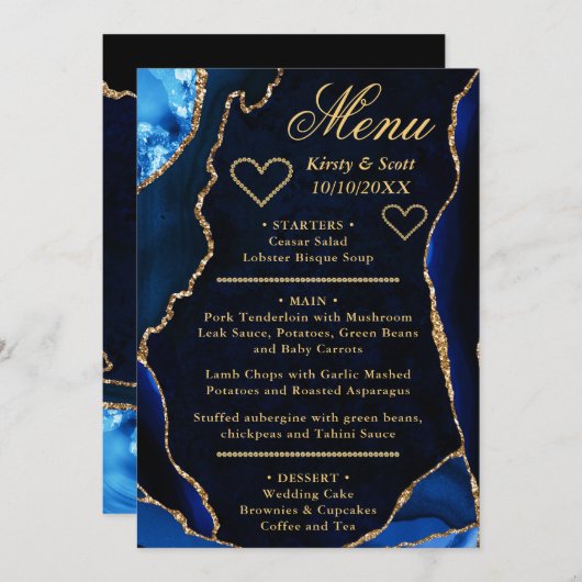 Blauwe en goudbruine bruine marmer menu (Voorkant / Achterkant)