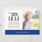 Blauwe en gouden Afstuderen Fotoaankondiging Aankondiging (Voorkant)