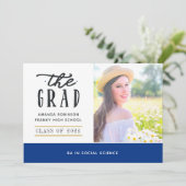 Blauwe en gouden Afstuderen Fotoaankondiging Aankondiging (Staand voorkant)