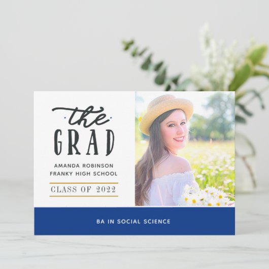 Blauwe en gouden Afstuderen Fotoaankondiging Aankondiging (Staand voorkant)