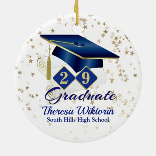 Blauwe en gouden Afstuderen keramische siervoorwer Keramisch Ornament (Achterkant)