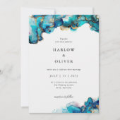 Blauwe en Gouden Agaat Bruiloft Uitnodigen Kaart (Voorkant)