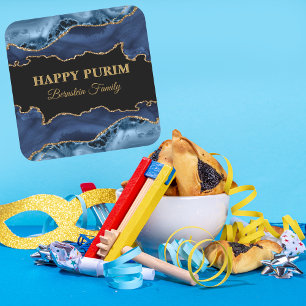Blauwe en gouden Agaat Hebreeuwse Happy Purim Stic Vierkante Sticker