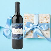 Blauwe en gouden Agaat Hebreeuwse Pesach Seder Wijn Etiket