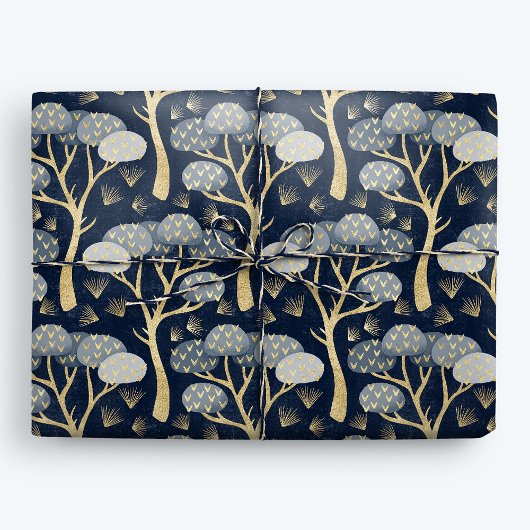 Blauwe en gouden Art Deco dennenbomen Cadeaupapier
