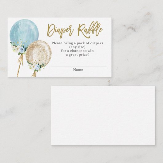 Blauwe en gouden ballonnen baby shower Luierspoeli Informatiekaartje (Voorkant / Achterkant)