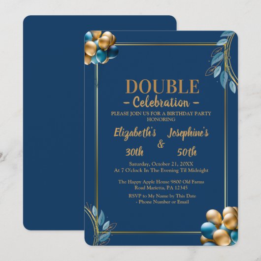 Blauwe en gouden ballonnen dubbele gezamenlijke ve kaart (Voorkant / Achterkant)