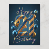 Blauwe en gouden ballonnen en strepen 21e verjaard briefkaart (Voorkant)