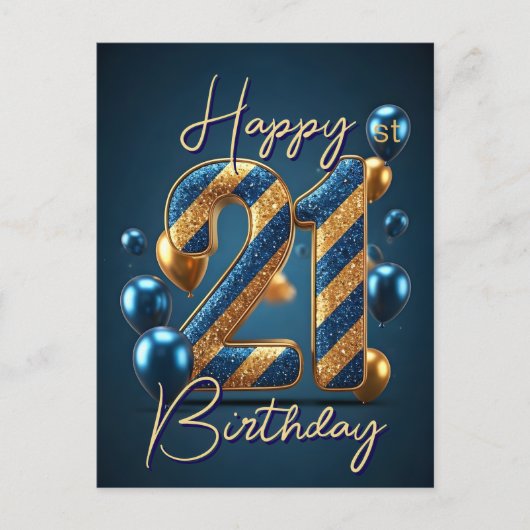 Blauwe en Gouden Ballonnen en Strepen 21e Verjaard Briefkaart (Voorkant)