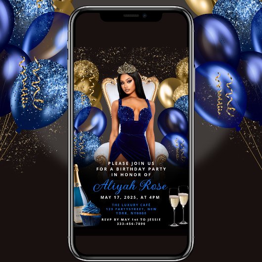 Blauwe en gouden ballonnen Royal Birthday Invitati Kaart