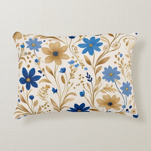 Blauwe en gouden bloemen accent kussen (Voorkant)
