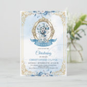 Blauwe en gouden bloemen rustieke houten kruis jon kaart (Staand voorkant)