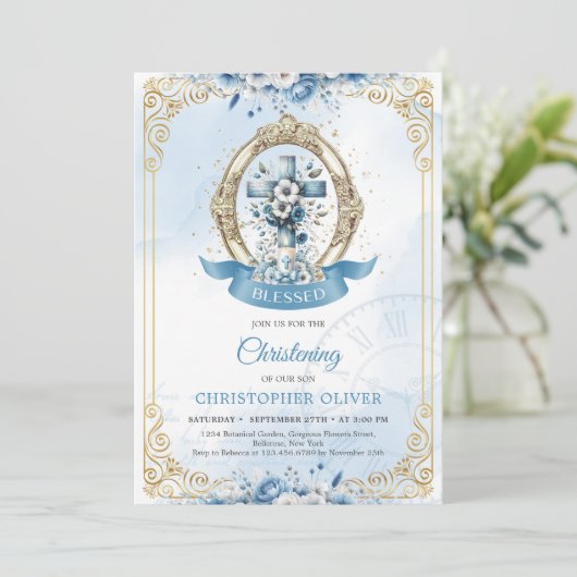 Blauwe en gouden bloemen rustieke houten kruis jon kaart (Staand voorkant)