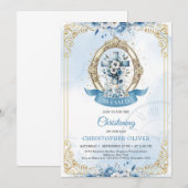 Blauwe en gouden bloemen rustieke houten kruis jon kaart (Voorkant / Achterkant)